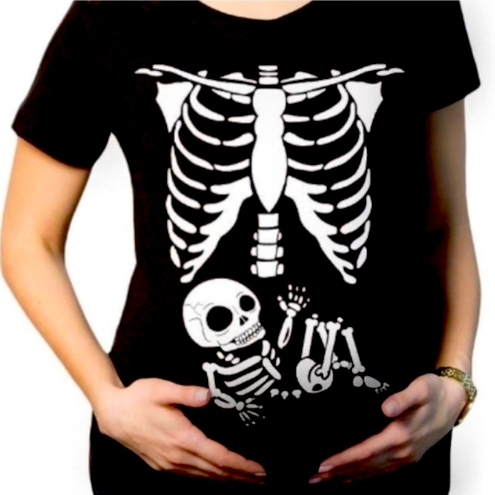 Maternity funny skeleton Halloween baby belly t shirt womens medium